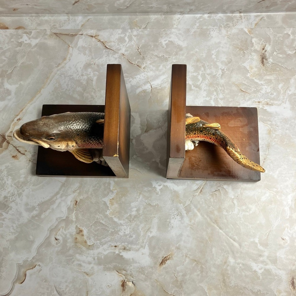 VTG Sterling Rainbow Trout Freshwater Fish Bookends Resin & Wood Rustic - Picture 4 of 12